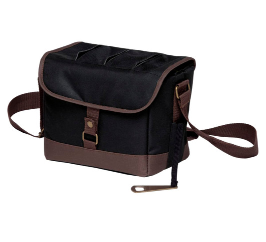 A drink bottle cooler in black and brown with a flap closure and an adjustable strap, featuring a logo.