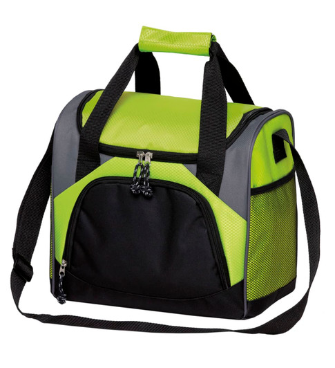 A drink bottle cooler bag in vibrant lime green and black, featuring a zippered main compartment and front pocket.