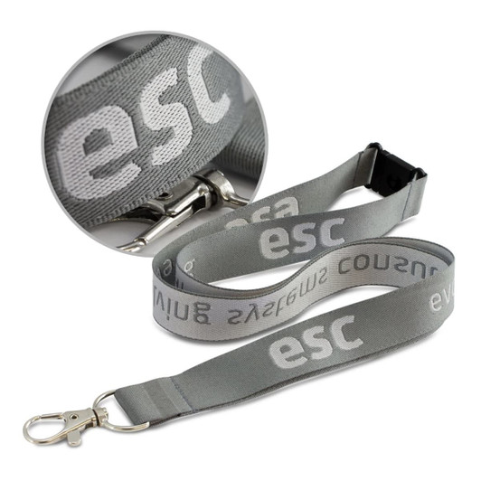 A grey Jacquard lanyard featuring a clip for attachment and a logo along its length.