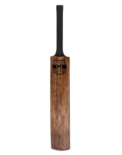 A wooden cricket bat with a black handle and logo design on the face, featuring a smooth, polished finish.