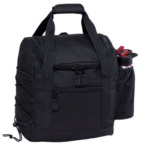 A black cooler bag with multiple pockets and a side pouch for a drink bottle. Features sturdy handles for easy carrying.
