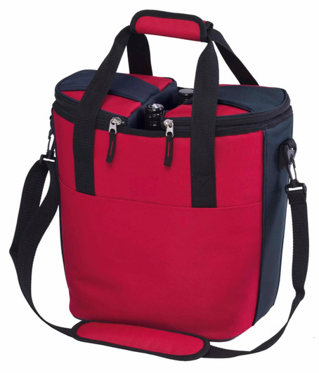 A red and navy cooler bag with dual compartments, featuring two handles and a shoulder strap.