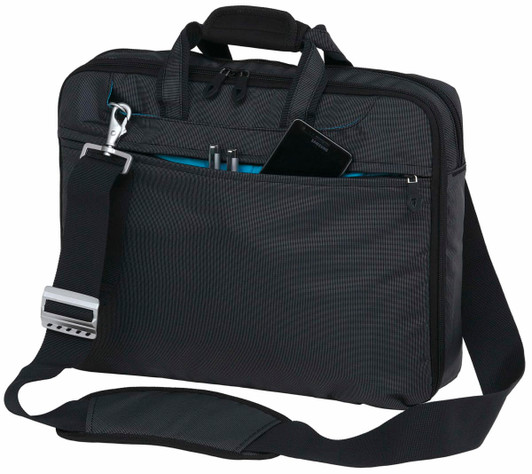 A grey laptop bag with a shoulder strap, featuring multiple compartments and a front pocket for a phone.