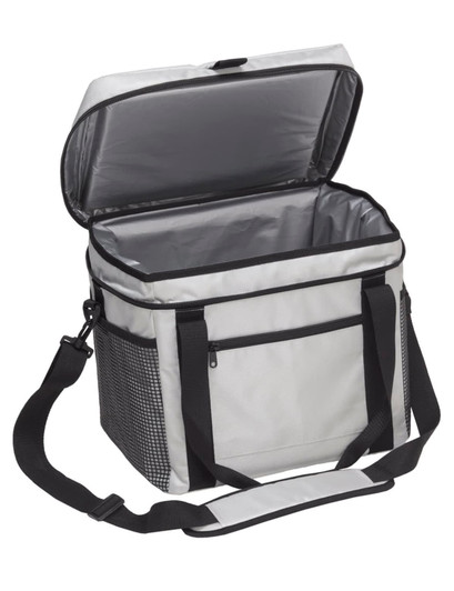 A grey insulated cooler bag with a zippered top and front pocket, featuring black straps and mesh detailing.