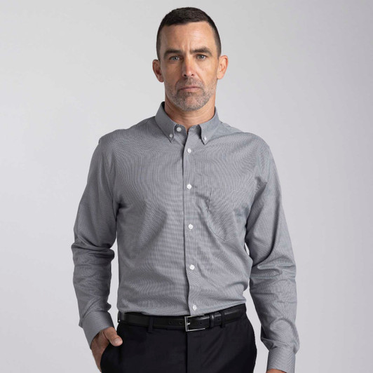 A men's button-up shirt in grey with a subtle check pattern, featuring a collar and fitted design.