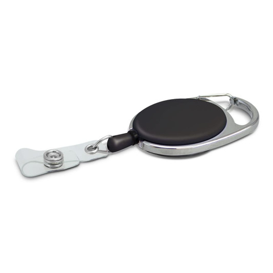 A retractable ID holder featuring a black circular reel and a metal carabiner clip for secure attachment.