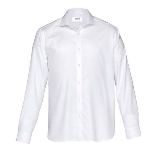 A white long-sleeved button-up shirt with a collar and a logo. Suitable for corporate wear.