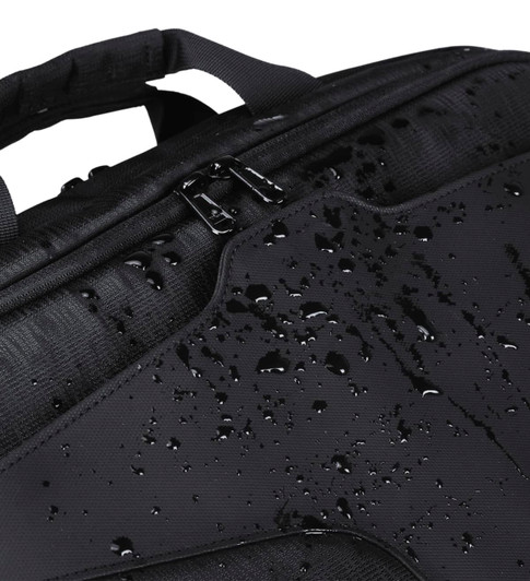 A black laptop bag with a textured surface, featuring water droplets on it and a zippered closure.