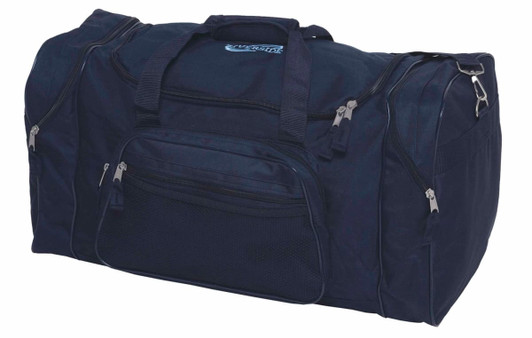 A navy blue duffle bag featuring multiple pockets and zippers, with a logo on the side.