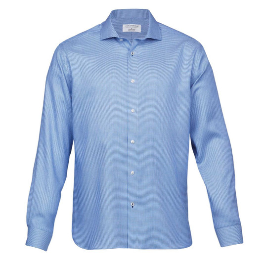 A button-up shirt in light blue with a classic fit and long sleeves, featuring a subtle pattern and a logo.