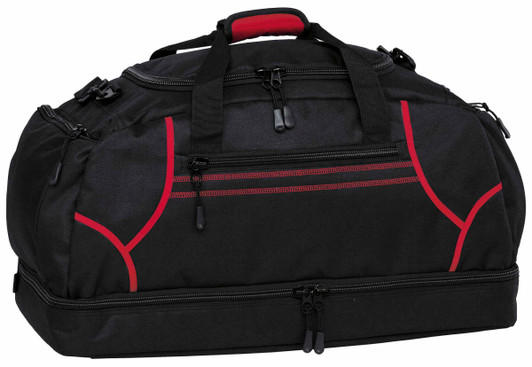 A black duffle bag with red accents, featuring multiple zippered compartments and a sturdy handle.