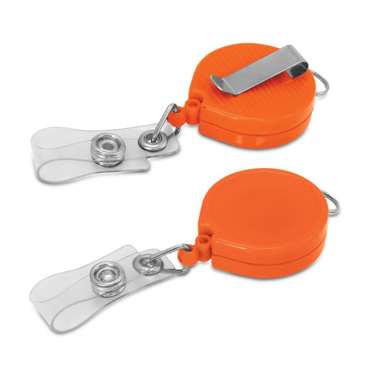 An orange retractable ID holder featuring a clip and clear strap for securing identification.