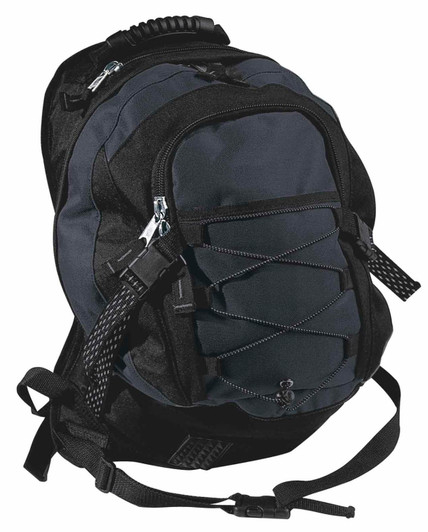 A black and grey backpack featuring multiple compartments and zippers, with adjustable straps and a textured handle.