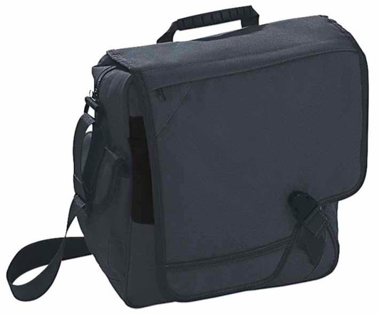 A black Messenger Bag with a flap, adjustable shoulder strap, and a carry handle. It has a logo on the front.