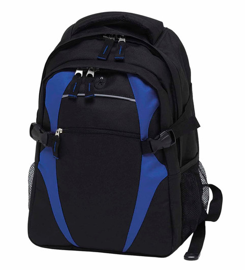 A black backpack with blue accents, featuring multiple zippered compartments and a side mesh pocket. It has a logo.