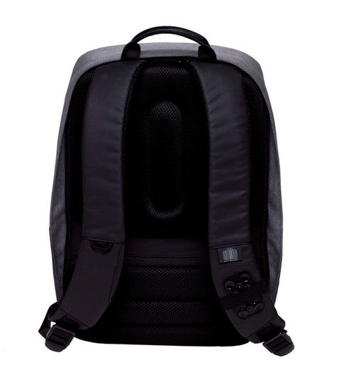 A grey and black wired Compu backpack featuring padded shoulder straps and a mesh back panel. It has a logo.