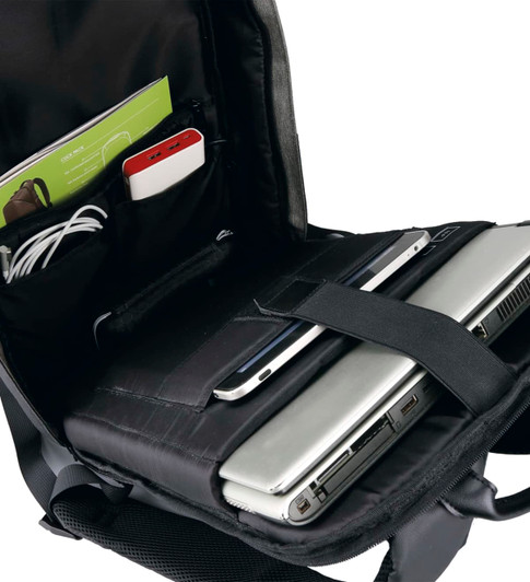 A grey backpack opens to reveal compartments for a laptop, tablet, and various accessories, including cables and a power bank.