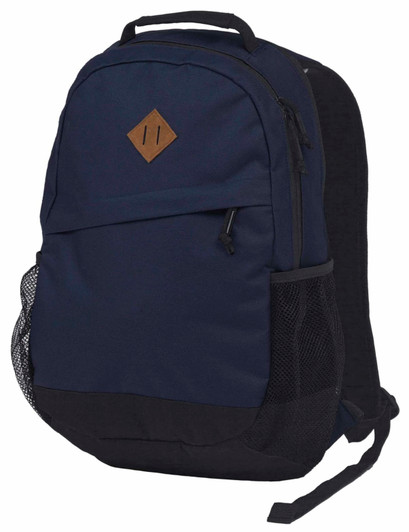 A navy and black backpack featuring a front pocket, side mesh pocket, and a simple logo.