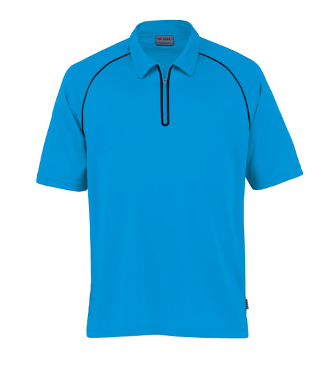 A blue polo shirt with a quarter zip and contrasting black piping, featuring a logo on the collar.
