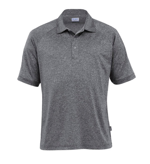 A grey melange polo shirt with short sleeves and a collar, featuring a logo on the chest.