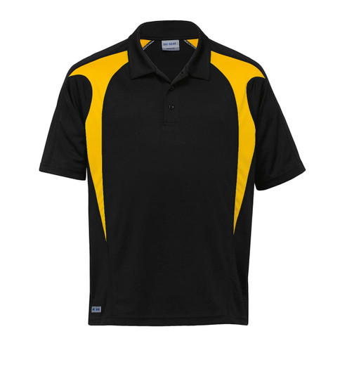 A black polo shirt with yellow spliced accents and a logo on the chest area. Suitable for casual wear or promotion.