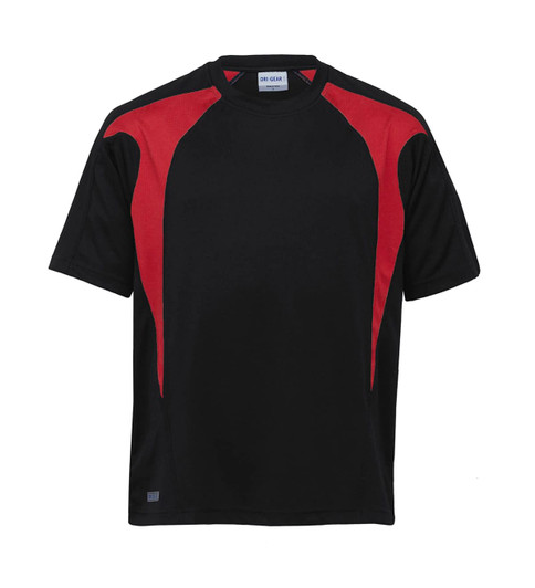 A black t-shirt with red spliced accents and a logo, designed for activewear.