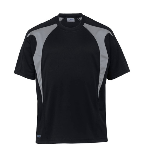 A black T-shirt with grey spliced panels and a logo on the front. Short-sleeved and athletic fit.
