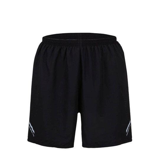 Black sports shorts featuring an elastic waistband and a logo design on the side.
