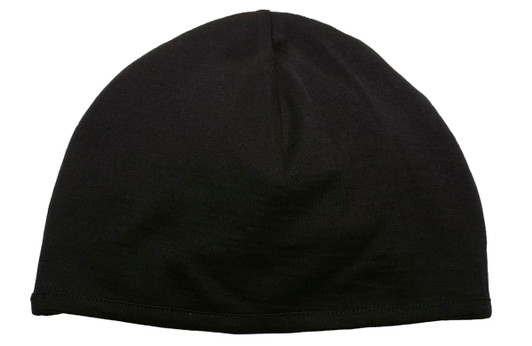 A black Merino Arctic Beanie with a smooth, stretchy texture, featuring a logo.