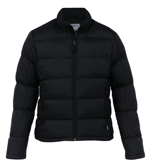 A black puffer jacket with a zip front, featuring a stand-up collar and side pockets. It has a logo on the chest.