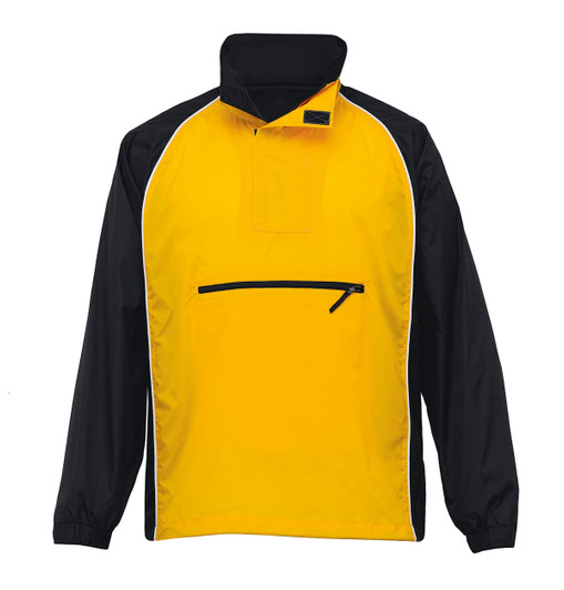 A yellow and black rain jacket with a half-zip front and a small zip pocket, featuring a logo.