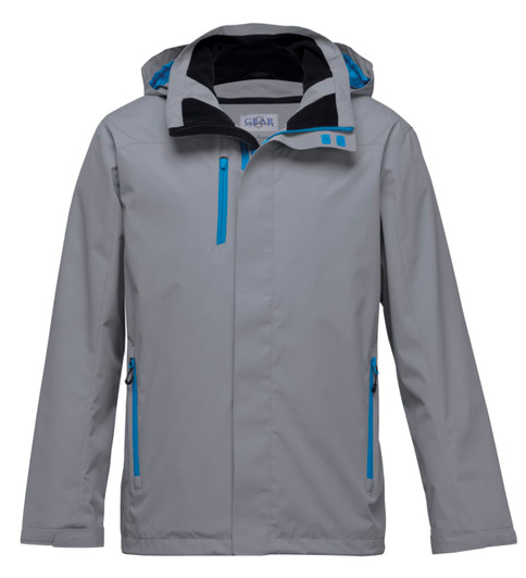 A grey soft shell jacket featuring blue accents and a hood, with multiple zippered pockets and branding.