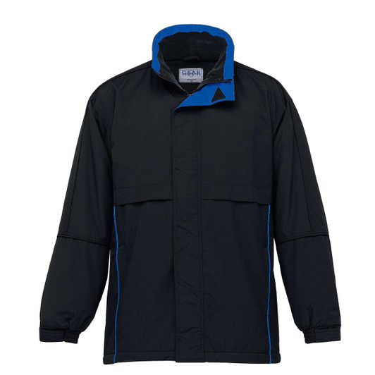 A black rain jacket with blue accents and a high collar. It features a logo on the chest.