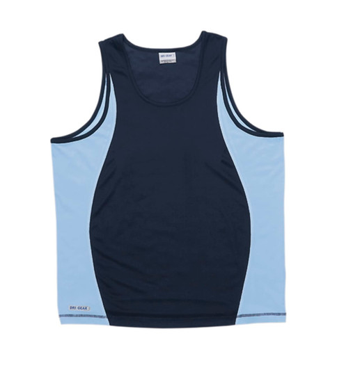 A navy blue and light blue men's singlet featuring a logo on the side.