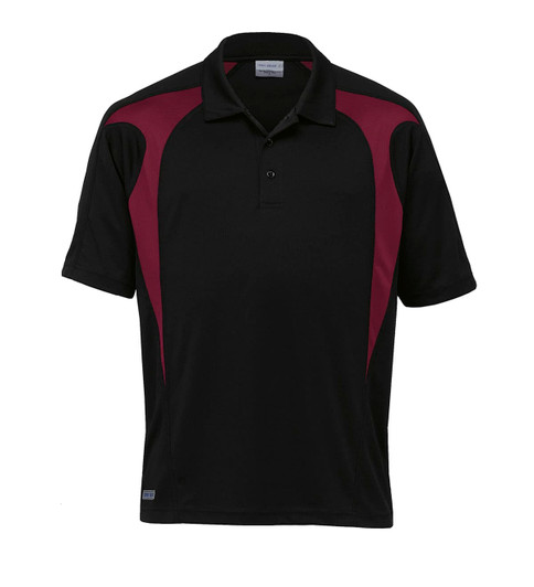 A black polo shirt featuring maroon spliced accents and a logo on the chest. Short sleeves and a classic collar.
