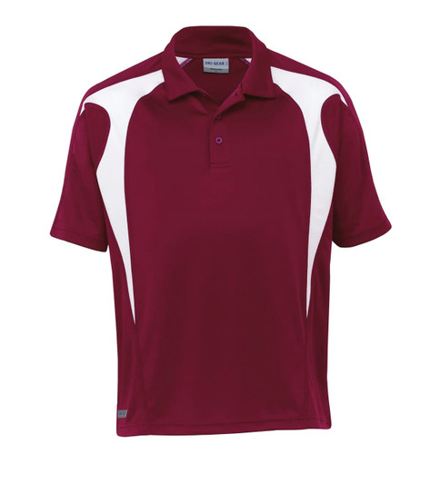 A maroon polo shirt featuring white spliced accents and a logo on the chest. Short-sleeved design.