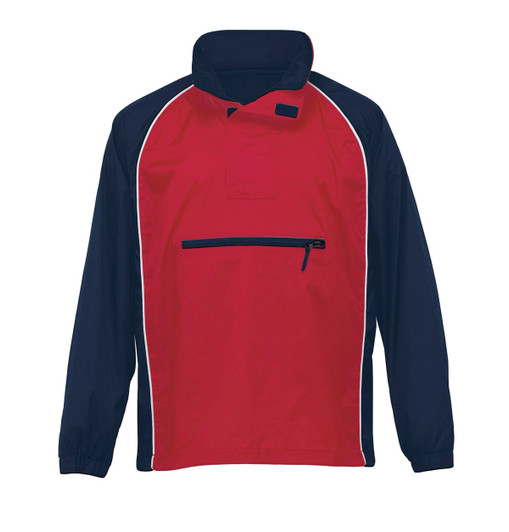 A red and navy nylon jacket with a zip pocket and a stand-up collar. It features a logo on the front.