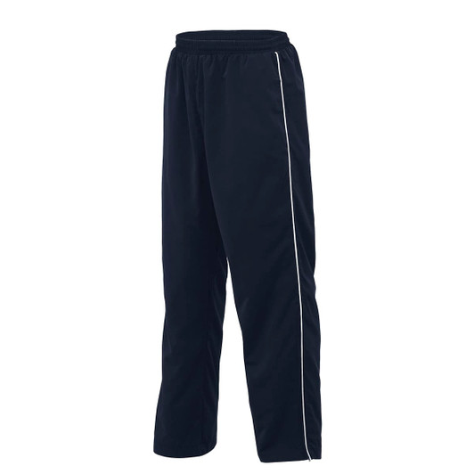 Microfibre trackpants in black with white side detailing. Features an elastic waistband and a logo.