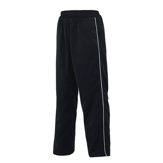 Black microfibre track pants with a white side stripe and an elastic waistband. Features a logo on the side.