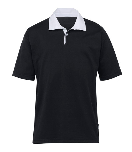 A rugby jersey in black with a white collar, featuring a logo on the front. Short sleeves and a collared design.