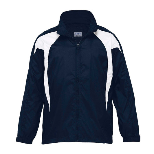 A navy blue and white jacket featuring a zip front and a logo. It has a sporty design with contrasting panels.