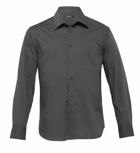 A men's long sleeve button-up shirt in dark grey with a single pocket and branding.