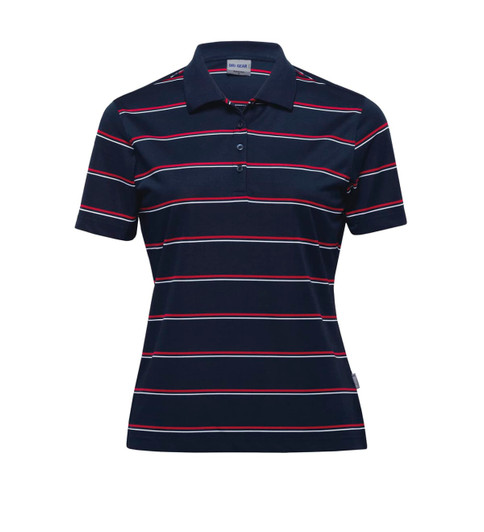 A navy women's polo shirt featuring red and white horizontal stripes, with a logo on the side.