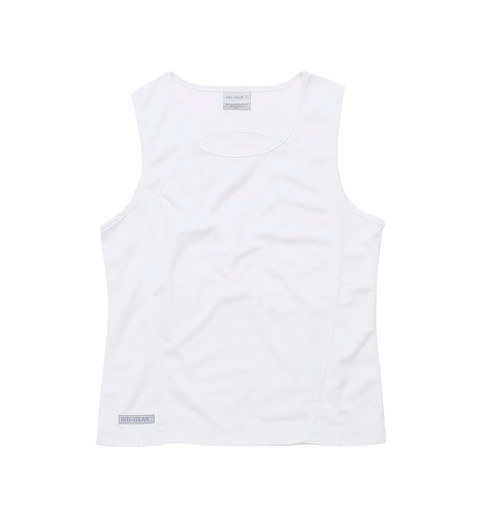A women's plain white singlet with a light, breathable fabric and a branding logo at the hem.