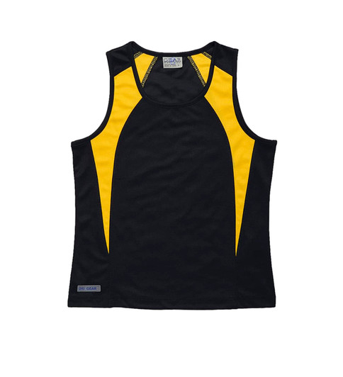 A black and yellow women's singlet featuring a logo on the side and a sporty design.