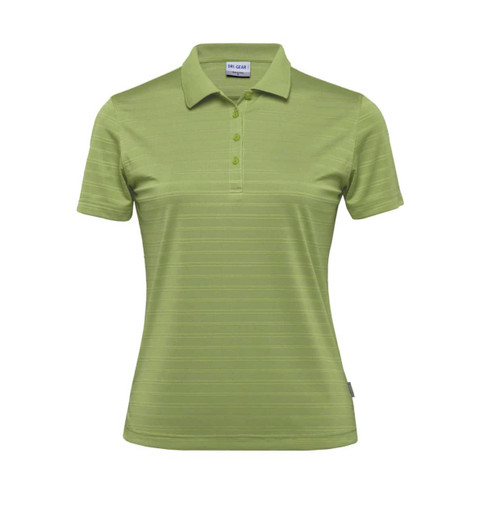 A women's Dri Gear Vanquish polo shirt in light green with a subtle striped pattern and a logo on the collar.