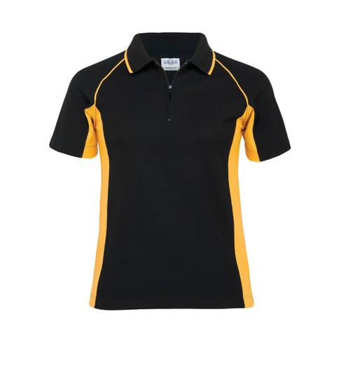 A women's polo shirt in black with yellow accents, featuring a zip collar and a logo.