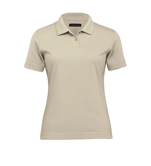 A women's polo shirt in a light beige colour with a collar and short sleeves. The shirt features a logo.
