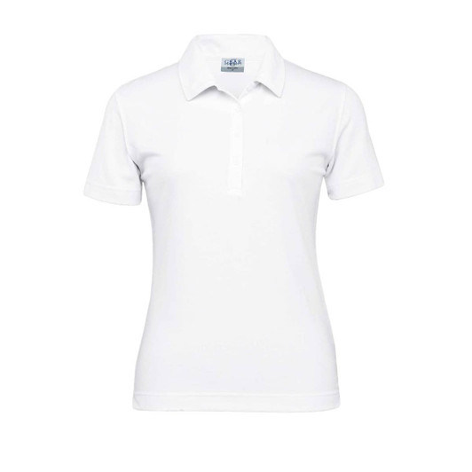 A women's white eco polo shirt featuring a collar, buttons, and a logo. Suitable for casual or professional wear.