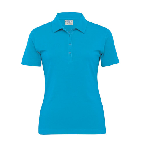 A women’s polo shirt in a bright blue colour with a collar and a logo. Short sleeves and a fitted style.